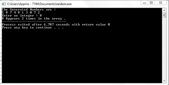 İ CAUsersAppírio-7784\Documents random.exe The Generated Numbers are 5 84 8 1 3 2 nter an integer : 8 8 Appears 2 times in th