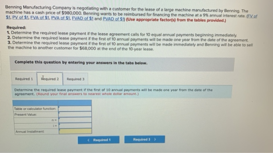 Benning Manufacturing Company is negotiating with a customer for the lease of a large machine manufactured by Benning. The ma