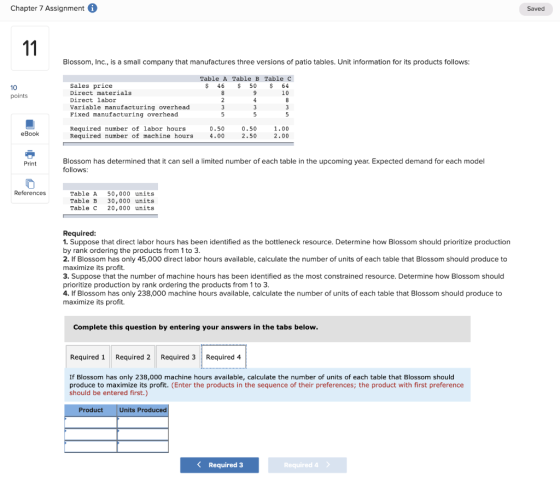 Chapter 7 Assignment i Saved Blossom, Inc., is a small company that manufactures three versions of patio tables. Unit informa