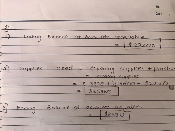 No. Date : 1 0 Ending Balance of Accounts receivable $ 23200 Supplies used = Opening Supplies + purchas - Closing supplies $_