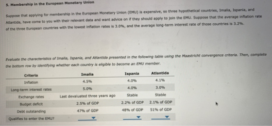 5. Membership in the European Monetary Union Suppose that applying for membership in the European Monetary Union (EMU) is exp