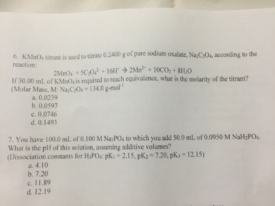 KMnO_4 titrant is used to titrate 0.2400 g of pure