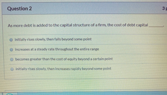 Question 2 As more debt is added to the capital structure of a firm, the cost of debt capital initially rises slowly, then fa
