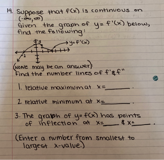 14. Suppose that f(x) is continuous on (60,-) Given the graph y = f(x) below, find the following: y = f(x) In (None may be