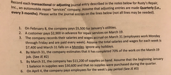 Record each transactional or adjusting transactional or adjusting journal entry described in the notes below for Rustys Repa