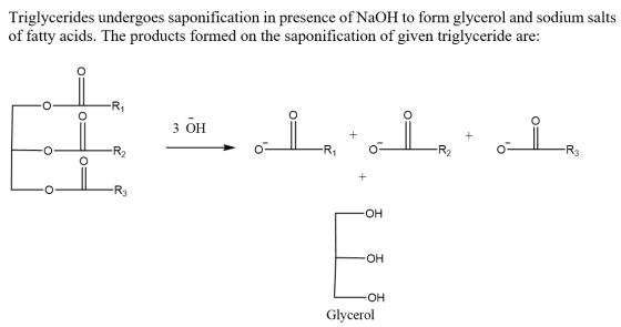Triglycerides undergoes saponification in presence of NaOH to form glycerol and sodium salts of fatty acids. The products for