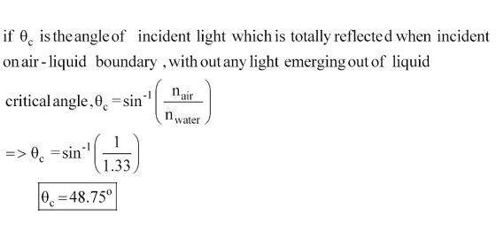 if Э. is the angle of incident light which is totally reflected when incident on air - liquid boundary , with out any light emerging out of liquid critical angle, θ,-sin- air water -1 1.33 0c -48.750