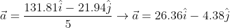 \vec{a}=\frac{131.81\hat{i}-21.94\hat{j}}{5}\rightarrow \vec{a}=26.36\hat{i}-4.38\hat{j}