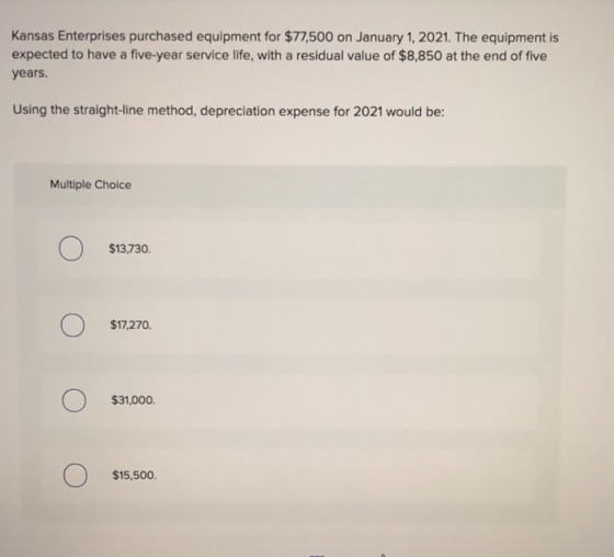 Kansas Enterprises purchased equipment for $77,500 on January 1, 2021. The equipment is expected to have a five-year service