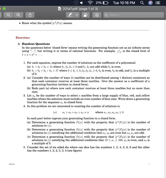 E - 21% O Tue 10:16 PM Q 2017.pdf (page 1 of 3) @ Q Search • Know what the symbol [x4] P(x) means. Exercises A. Handout Quest