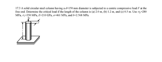 17.3 A solid circular steel column having a d-150 mm diameter is subjected to a centric compressive load Fat the free end. De