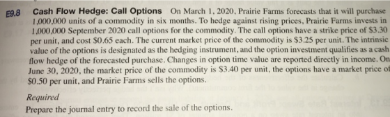 Cash Flow Hedge: Call Options On March 1, 2020, Prairie Farms forecasts that it will purchase E9.8 1,000,000 units of a commo