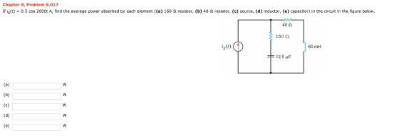 Chapter 9, Problem 9.017 If la(t) = 0.5 cos 2000t A, find the average power absorbed by each element ((a) 160-2 resistor, (b)