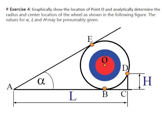 # Exercise 4: Graphically show the location of Point O and analytically determine the radius and center location of the wheel as shown in the following figure. The values for α,L and H may be presumably given. B C