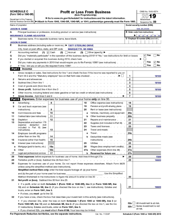 2019 H SCHEDULEC Profit or Loss From Business OMB No. 1545-0074 (Form 1040 or 1040-SR) (Sole Proprietorship) Go to www.irs.go