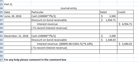 23 Part 3) Journal entry 24 25 Date Particular Debit Credit Cash (100000*7%/2) Discount on bond receivable 26 June, 30. 2018
