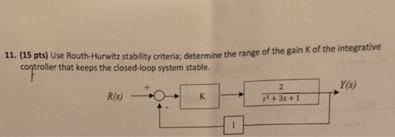 11. (15 pts) Use Routh-H urwitz stability criteria; determine the range of the gain K of the integrative controller that keep