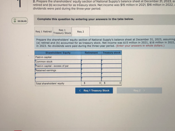 2. Prepare the shareholders equity section of National Supplys balance sheet at December 31, 2023, as retired and (b) accou