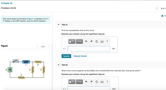 <Chapter 23 Problem 23.55 < 8 of 1 RE The circuit shown in the figure (Figure 1) consists of a 5.1- V battery, a 32-mH induct