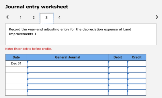 Journal entry worksheet < 1 2 Record the year-end adjusting entry for the depreciation expense of Land Improvements 1. Note: