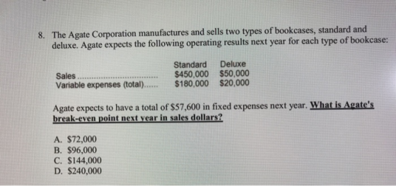 The Agate Corporation manufactures and sells two types of bookcases, standard and deluxe. Agate expects the following operating results next year for each type of bookcase: 8. Sales. Variable expenses (total Standard Deluxe $450,000 $50,000 $180,000 $20,000 Agate expects to have a total of $57,600 in fixed expenses next year. What is Agates break-even point next vear in sales dollars? A. $72,000 B. $96,000 C. $144,000 D. $240,000