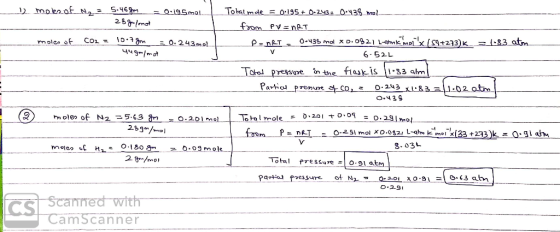 N, 2 5.46gom 28 gafmot ) moksof Tolal mole = 0:195 + 0-243: 0.438 mol = O:195mol. from PV = nRT 10-7 gm= 4u gm/mot 0-435 mol