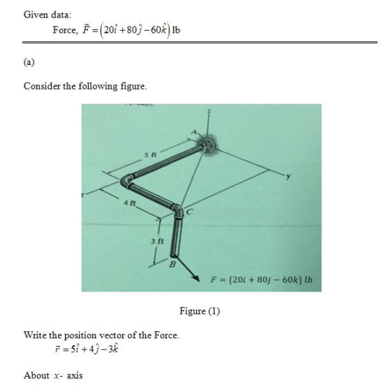 Given data Force, F-(2Oİ + 80-60k)lb Consider the following figure s ft 4 ft 3 ft L- F-(20i+ 80j- 60k) lb Figure (1) Write the position vector of the Force. About x- axis