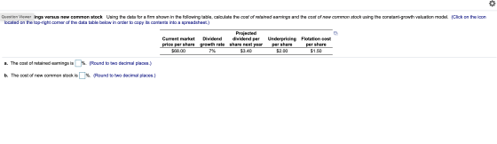 Question Viewer ings versus new common stock Using the data for a firm shown in the following table, calculate the cost of re