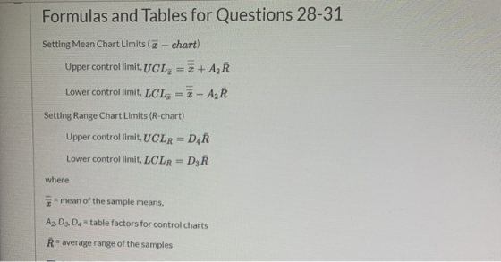 Formulas and Tables for Questions 28-31 Setting Mean Chart Limits ( -chart) Upper controllimit. UCL, = + A,R Lower controllim
