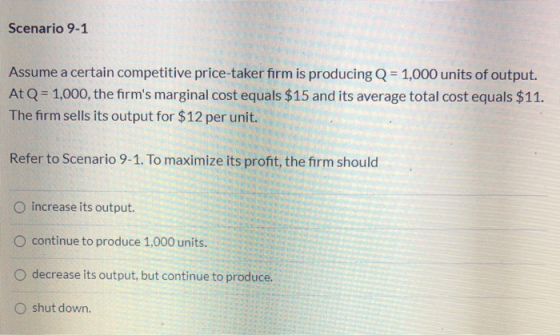 Scenario 9-1 Assume a certain competitive price-taker firm is producing Q = 1,000 units of output. At Q = 1,000, the firms m