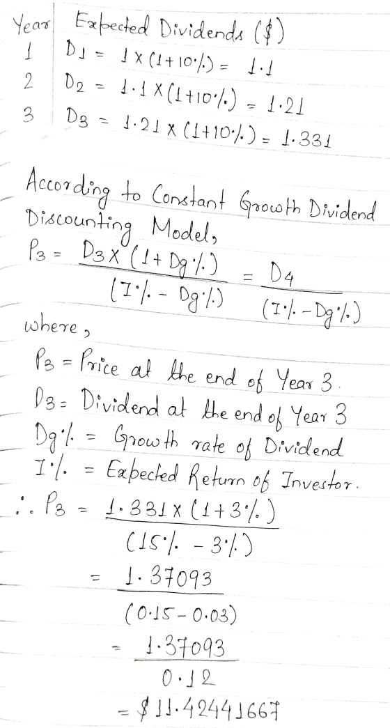 Year Expected Dividends ($) 1 2 1.1 Dj = I x (1+100%) O2 1.1 X (1+10°/-) 1:21 Dg = 5.21 x {1+10-/.) - 1.331 حر Dg %) = Accord