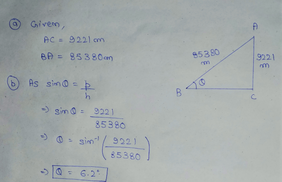 о Given, AC = 9221m BA = 85 380 cm 85380 9221 As simo = h B. С. =) sim o = 922) 85380 simt 922) 85380 6.2°