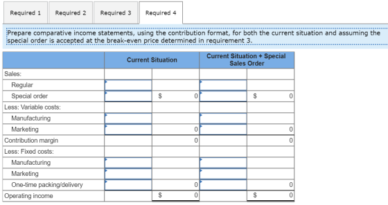 Required 1 Required 2 Required 3 Required 4 Prepare comparative income statements, using the contribution format, for both th