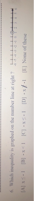 6. Which inequality is graphed on the number line at right? ob -5 -4 -3 -2 -10T23 [A] XS-1 [B] -x<1 [C] -X5-1 [D] -xZ-1 [E] N