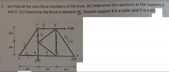 1. (a) Find all the zero-force members of the truss. (b) Determine the reactions at the supports B and D. (c) Determine the f
