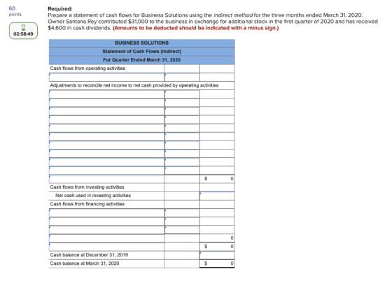 60 points Required: Prepare a statement of cash flows for Business Solutions using the indirect method for the three months e