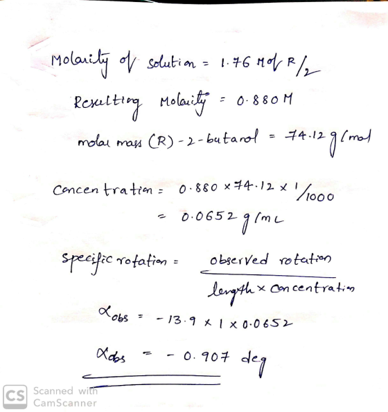 Molant Solutin O8 80 M Remlti Melai 4.12 (R) -2-butano motai mas ho00 メ1 0.880 x 44 1. X Cencen tratin= mL O.065 2 g observe