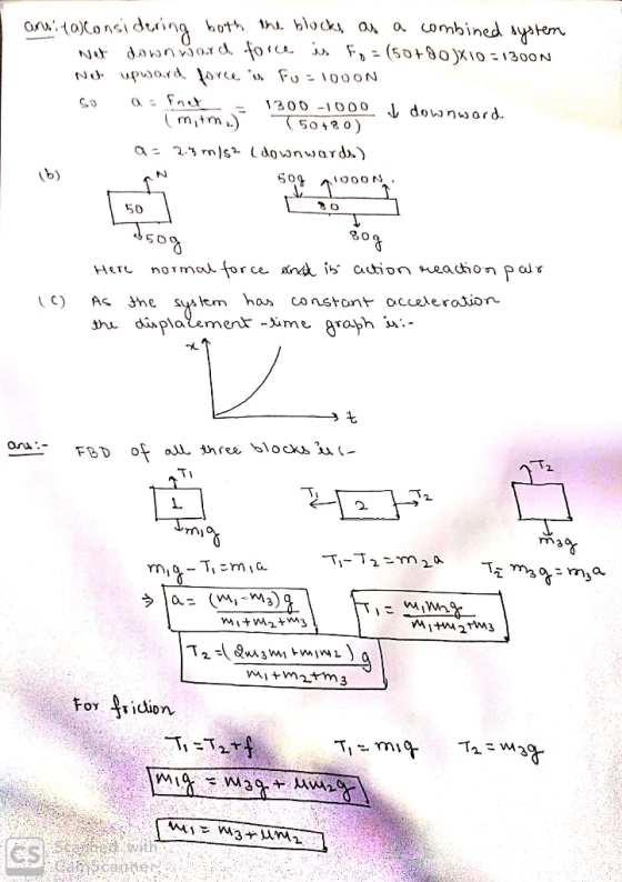 ansita considering both the blocks as a combined system wet downward force is fo = (50+80x10=1300N Net upward forces fu=100ON
