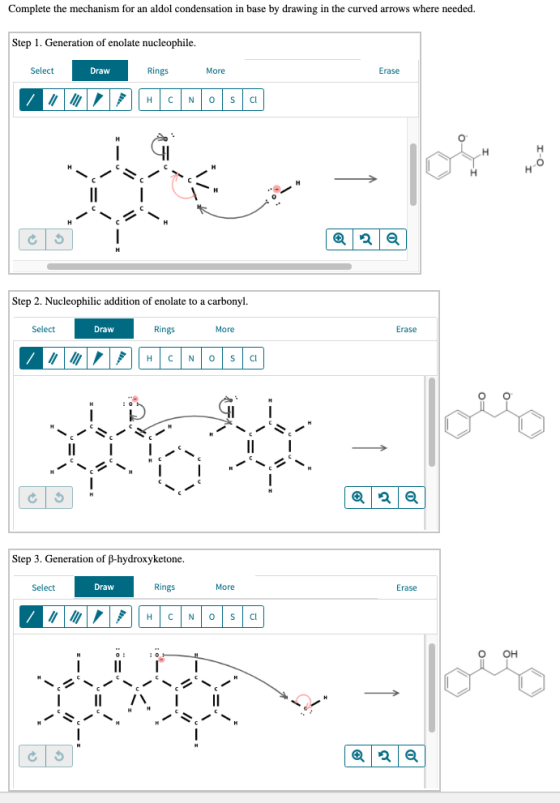 Complete the mechanism for an aldol condensation in base by drawing in the curved arrows where needed. Step 1. Generation of