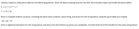 (20 pts) Create an LR(O) parse table for the following grammar. Show all steps (creating closures, the DFA, the transition ta