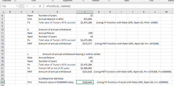 Clipboard Font NI Alignment Number Styles Cells Editing F25 - x fc =PV(10%,20,-1000000) G H I J K L M Nper Pmt FV Number of y