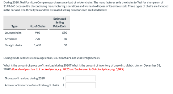 During 2020, Teal Furniture Company purchases a carload of wicker chairs. The manufacturer sells the chairs to Teal for a lum