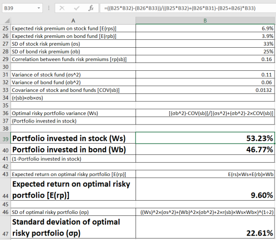 B39 X ✓ fc =((B25*B32)-(B26*B33))/((B25*B32)+(B26*B31)-(B25+B26)*B33) Α 25 Expected risk premium on stock fund [E(rps)] 26 Ex