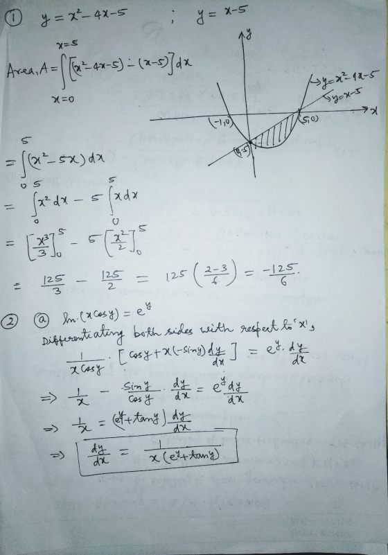 y=x²-48-5 y = x-5 ny x=5 Area, A= ([m² 4x-5) = (2-5)]dx (sy=&= 10-5 Ty=x-5 X=0 키 (-1,0) (2²-5x) da OS - 5 x37 5 125 2 1.25 -