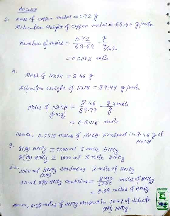 2. Ansever mass of copper metal = 0.72 g Molecular Weight of copper metal = 63.54 g/moee Members of moled = 63.54 Endre - 0.7