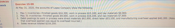 DURCES work Exercise 15-09 At May 31, 2020, the accounts of Lopez Company show the following. 1. May 1 inventories---finished