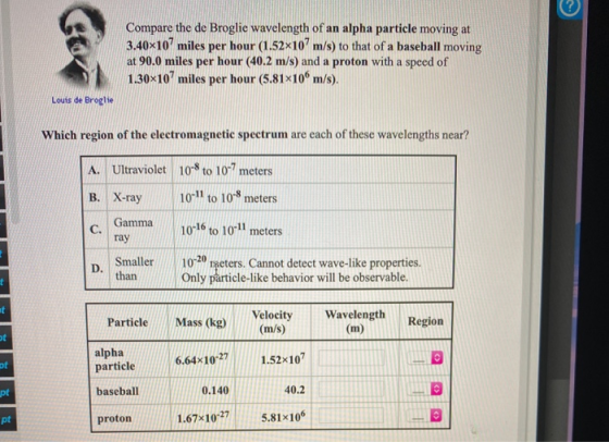 Compare the de Broglie wavelength of an alpha particle moving at 3.40x107 miles per hour (1.52x107m/s) to that of a baseball