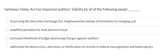Sarbanes-Oxley Act has impacted auditors liability by all of the following except O if pursuing the Securities Exchange Act,