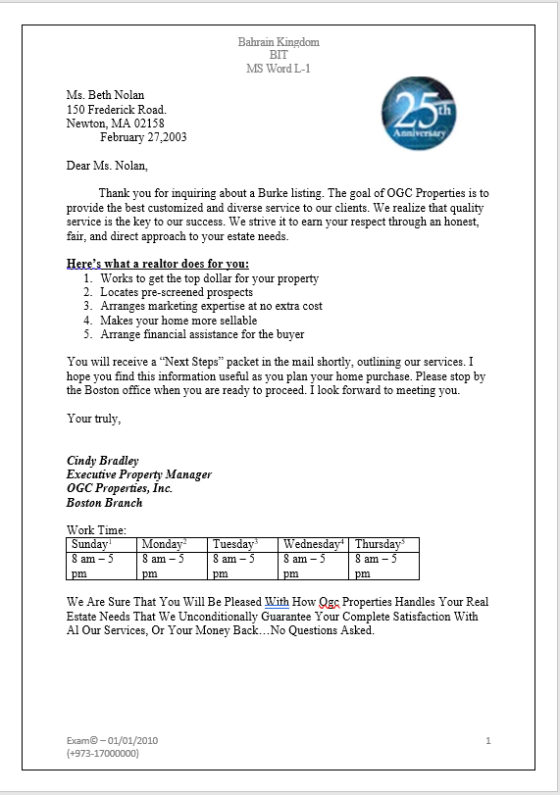 Bahrain Kingdom BIT MS Word L-1 25 Ms. Beth Nolan 150 Frederick Road. Newton, MA 02158 February 27,2003 Anniversary Dear Ms.