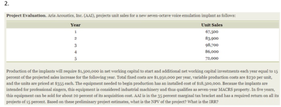 Project Evaluation. Aria Acoustics, Inc. (AAI), projects unit sales for a new seven-octave voice emulation implant as follows